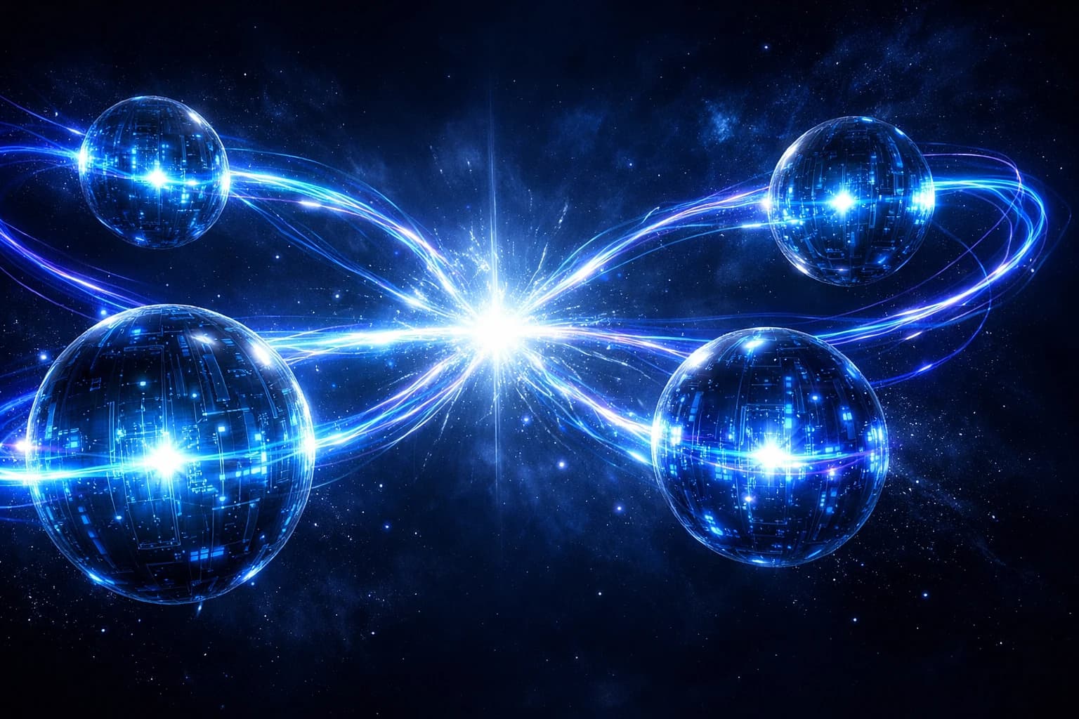Cinco nós esféricos luminosos representando agentes de IA especializados flutuam em formação geométrica assimétrica sobre fundo deep-space em azul profundo, interconectados por filamentos de plasma bidirecional em azul elétrico, ciano e ultravioleta que pulsam com fluxos de dados — no ponto de convergência central, um núcleo branco-azul brilhante representa o momento da decisão após deliberação adversarial entre os agentes.