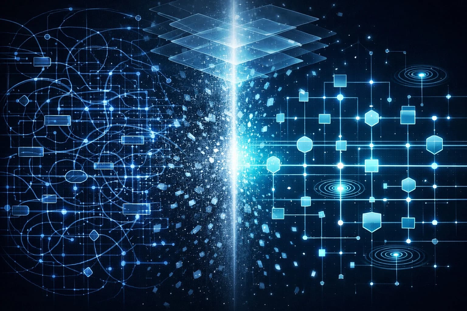 Ilustração digital futurista mostrando a transformação de um blueprint industrial abstrato. À esquerda, um emaranhado caótico de fluxos de trabalho humanos representados por linhas wireframe azul-frias e nós de decisão sobrepostos. No centro, uma fronteira vertical luminosa onde fragmentos do sistema antigo se dissolvem em partículas. À direita, a estrutura reaparece como uma grade modular limpa e simétrica de nós geométricos conectados por finos fluxos de dados em ciano brilhante. Camadas hexagonais translúcidas flutuam acima sugerindo memória e orquestração, enquanto anéis de pulso indicam atividade decisória em tempo real. Fundo azul-marinho profundo com iluminação cinematográfica interna.