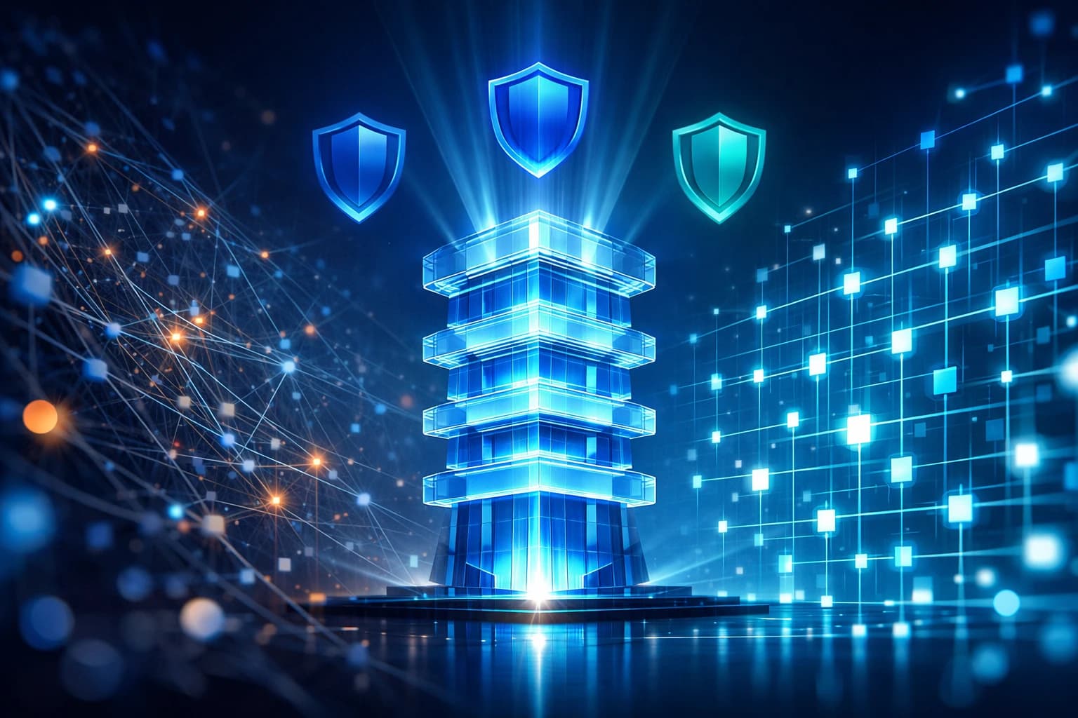 Ilustração digital abstrata representando governança de IA corporativa. À esquerda, um conjunto caótico de nós de decisão automatizada sem estrutura, linhas desconectadas em vermelho-alaranjado sugerindo risco e ausência de controle. No centro, uma fronteira vertical luminosa onde o caos se dissolve. À direita, a mesma estrutura reaparece como uma arquitetura modular clara: camadas hierárquicas de políticas, rastreabilidade e compliance conectadas por fluxos de dados precisos em azul-ciano. Ícones minimalistas de LGPD, EU AI Act e NIST flutuam como camadas translúcidas acima da estrutura. Fundo azul-marinho profundo com iluminação interna cinematográfica e gradiente sutil verde-esmeralda nos elementos de controle.